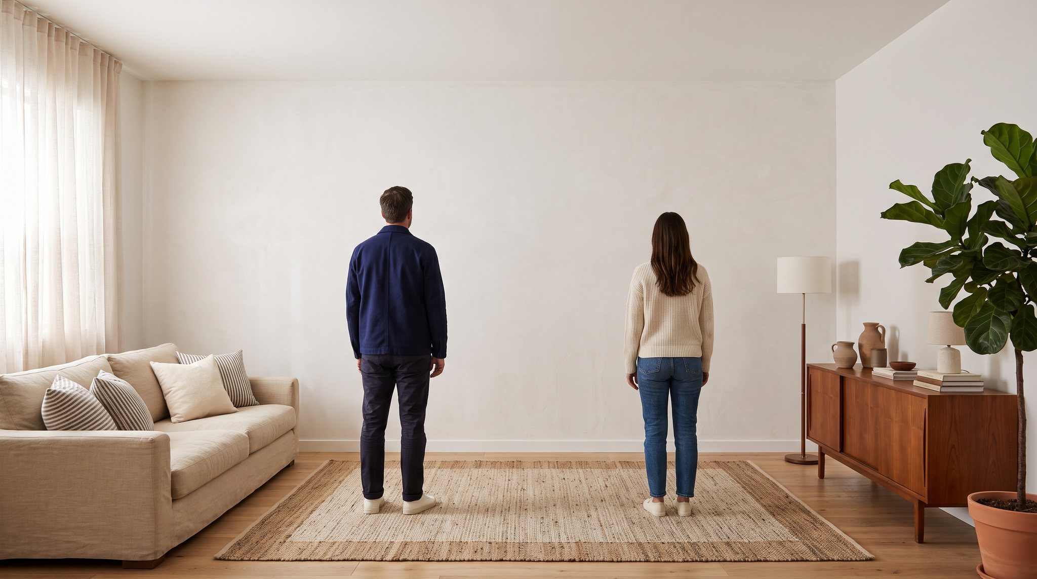 Sala moderna con dos personas de pie frente a un muro vacío, usada como referencia de escala
